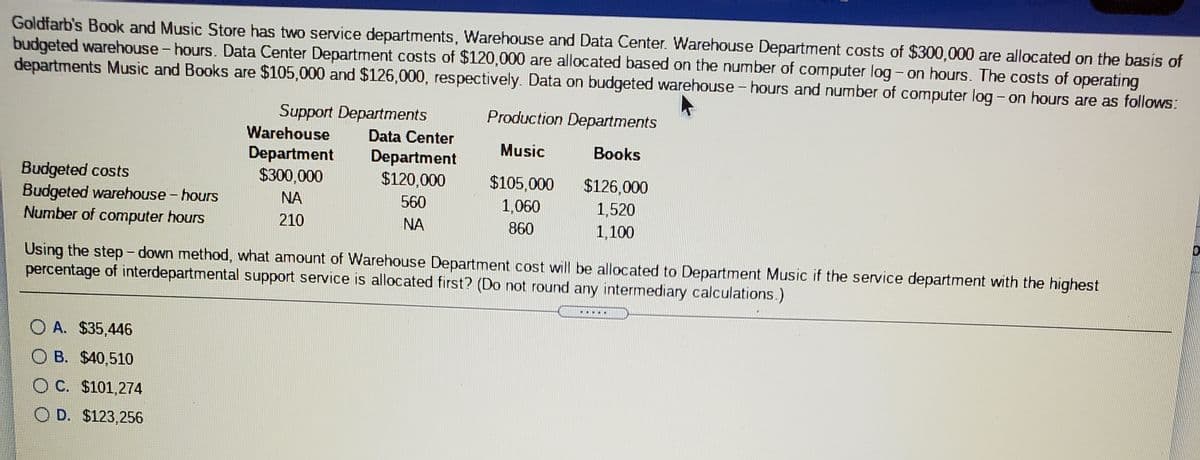 Goldfarb's Book and Music Store has two service departments, Warehouse and Data Center. Warehouse Department costs of $300,000 are allocated on the basis of
budgeted warehouse - hours. Data Center Department costs of $120,000 are allocated based on the number of computer log - on hours. The costs of operating
departments Music and Books are $105,000 and $126,000, respectively. Data on budgeted warehouse - hours and number of computer log - on hours are as follows:
Support Departments
Production Departments
Warehouse
Data Center
Music
Books
Department
$300,000
Department
$120,000
Budgeted costs
Budgeted warehouse - hours
Number of computer hours
$105,000
1,060
$126,000
NA
560
1,520
210
NA
860
1,100
Using the step - down method, what amount of Warehouse Department cost will be allocated to Department Music if the service department with the highest
percentage of interdepartmental support service is allocated first? (Do not round any intermediary calculations.)
.....
O A. $35,446
O B. $40,510
O C. $101,274
O D. $123,256
