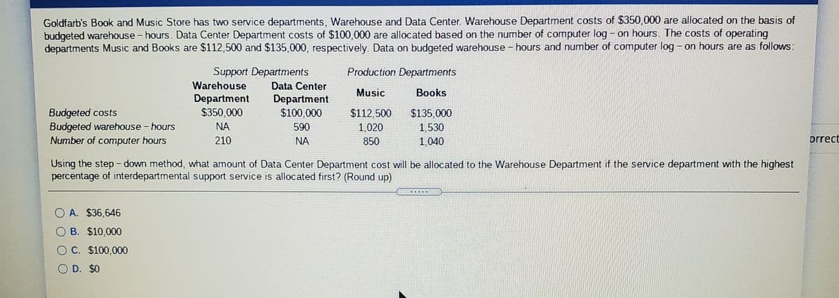 Goldfarb's Book and Music Store has two service departments, Warehouse and Data Center. Warehouse Department costs of $350,000 are allocated on the basis of
budgeted warehouse - hours. Data Center Department costs of $100,000 are allocated based on the number of computer log - on hours. The costs of operating
departments Music and Books are $112,500 and $135,000, respectively. Data on budgeted warehouse - hours and number of computer log - on hours are as follows:
Support Departments
Production Departments
Warehouse
Data Center
Music
Books
Department
$350,000
Department
$100,000
Budgeted costs
Budgeted warehouse - hours
Number of computer hours
$112.500
$135,000
1,530
NA
590
1,020
210
NA
850
1,040
prrect
Using the step - down method, what amount of Data Center Department cost will be allocated to the Warehouse Department if the service department with the highest
percentage of interdepartmental support service is allocated first? (Round up)
O A. $36,646
B. $10,000
C. $100,000
O D. $0
