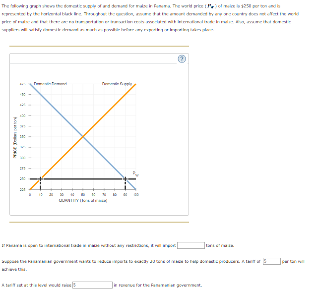 The following graph shows the domestic supply of and demand for maize in Panama. The world price (Pw) of maize is $250 per ton and is
represented by the horizontal black line. Throughout the question, assume that the amount demanded by any one country does not affect the world
price of maize and that there are no transportation or transaction costs associated with international trade in maize. Also, assume that domestic
suppliers will satisfy domestic demand as much as possible before any exporting or importing takes place.
PRICE (Dollars per ton)
475
450
425
400
375
350
325
300
275
250
225
Domestic Demand
0 10 20
Domestic Supply
30 40 50 60 70
QUANTITY (Tans of maize)
PW
A tariff set at this level would raise $
80 90 100
If Panama is open to international trade in maize without any restrictions, it will import
Suppose the Panamanian government wants to reduce imports to exactly 20 tons of maize to help domestic producers. A tariff of $
achieve this.
tons of maize.
in revenue for the Panamanian government.
per ton will