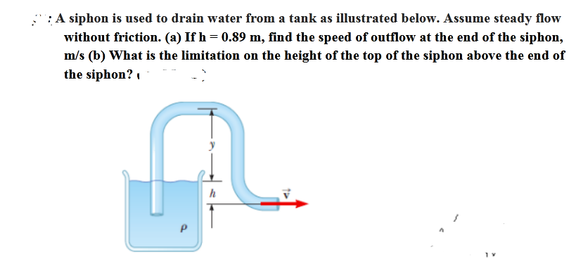 A siphon is used to drain water from a tank as illustrated below. Assume steady flow
without friction. (a) If h = 0.89 m, find the speed of outflow at the end of the siphon,
m/s (b) What is the limitation on the height of the top of the siphon above the end of
the siphon? ,
