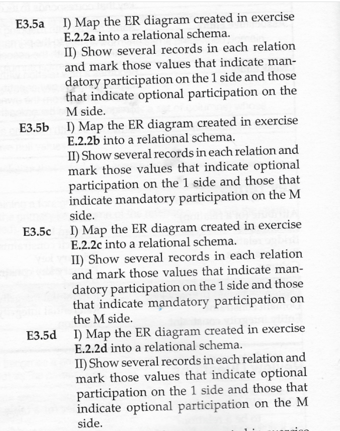 I) Map the ER diagram created in exercise
E.2.2a into a relational schema.
II) Show several records in each relation
and mark those values that indicate man-
ЕЗ.5а
datory participation on the 1 side and those
that indicate optional participation on the
M side.
I) Map the ER diagram created in exercise
E.2.2b into a relational schema.
II) Show several records in each relation and
mark those values that indicate optional
participation on the 1 side and those that
indicate mandatory participation on the M
side.
ЕЗ.5b
I) Map the ER diagram created in exercise
E.2.2c into a relational schema.
II) Show several records in each relation
and mark those values that indicate man-
ЕЗ.5с
datory participation on the 1 side and those
that indicate mandatory participation on
the M side.
I) Map the ER diagram created in exercise
E.2.2d into a relational schema.
E3.5d
II) Show several records in each relation and
mark those values that indicate optional
participation on the 1 side and those that
indicate optional participation on the M
side.
