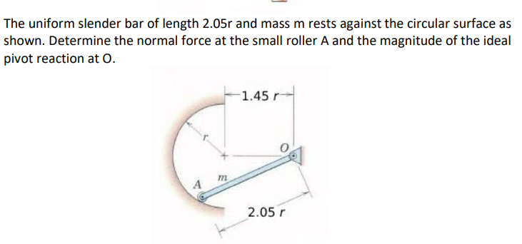The uniform slender bar of length 2.05r and mass m rests against the circular surface as
shown. Determine the normal force at the small roller A and the magnitude of the ideal
pivot reaction at O.
m
1.45 r
0
2.05 r