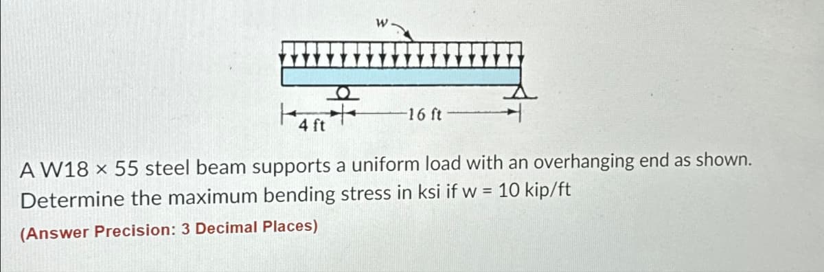 -16 ft
4 ft
AW18 x 55 steel beam supports a uniform load with an overhanging end as shown.
Determine the maximum bending stress in ksi if w = 10 kip/ft
(Answer Precision: 3 Decimal Places)