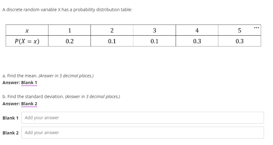 A discrete random variable X has a probability distribution table:
1
4
P(X = x)
0.2
0.1
0.1
0.3
0.3
a. Find the mean. (Answer in 3 decimal places.)
Answer: Blank 1
b. Find the standard deviation. (Answer in 3 decimal places.)
Answer: Blank 2
Blank 1 Add your answer
Blank 2 Add your answer

