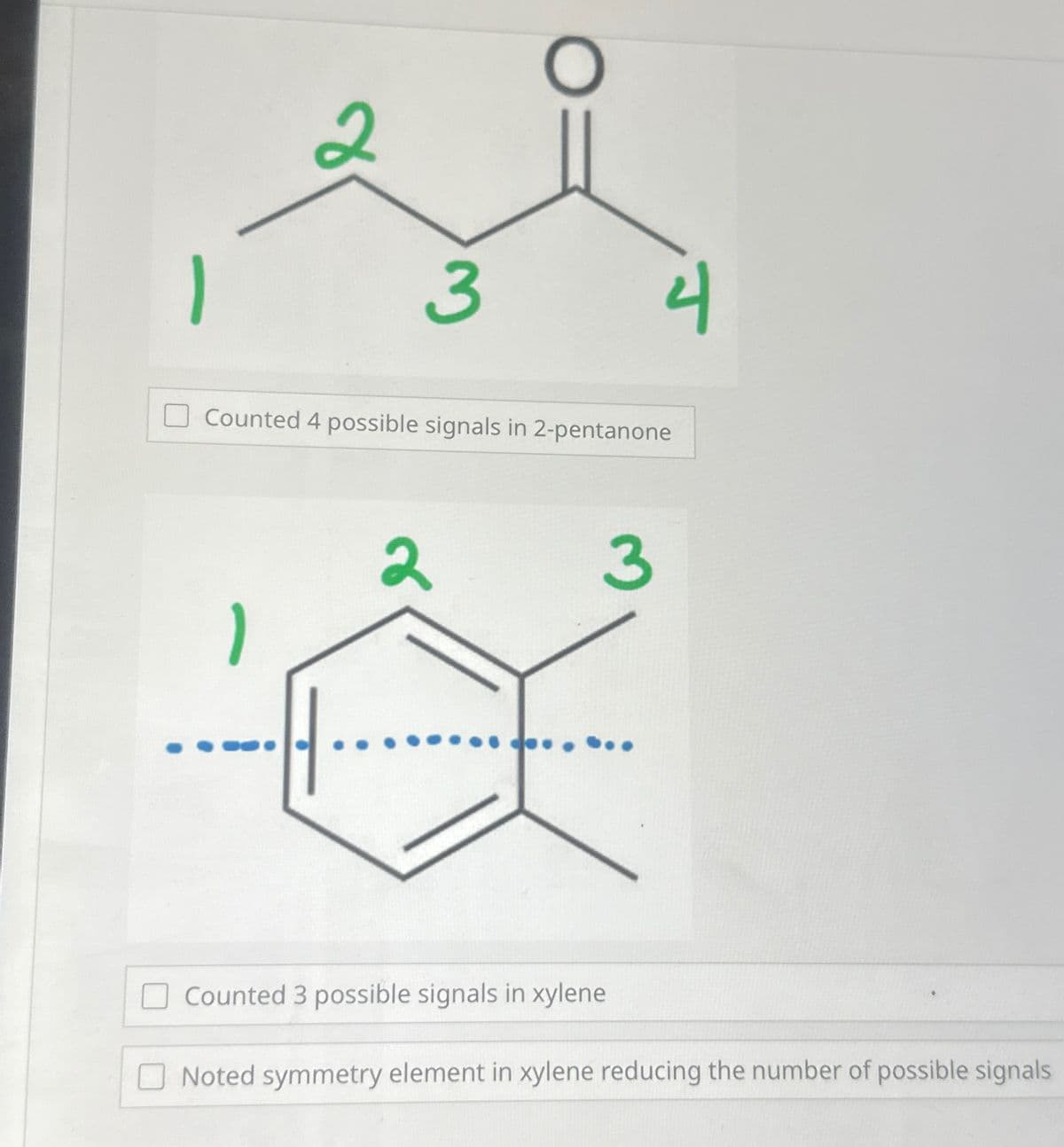 -
3
J
☐ Counted 4 possible signals in 2-pentanone
2
3
Counted 3 possible signals in xylene
Noted symmetry element in xylene reducing the number of possible signals