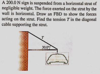 A 200.0 N sign is suspended from a horizontal strut of
negligible weight. The force exerted on the strut by the
walł is horizontal. Draw an FBD to show the forces
acting on the strut. Find the tension T in the diagonal
cable supporting the strut.
30.0°

