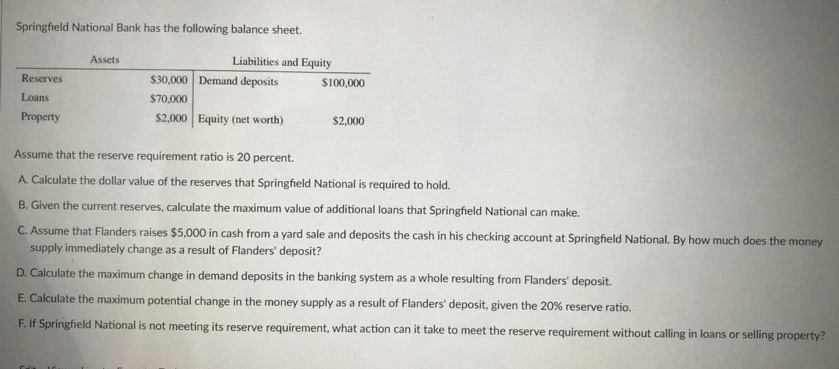 Springfield National Bank has the following balance sheet.
Assets
Liabilities and Equity
Reserves
$30,000 Demand deposits
$100,000
Loans
$70,000
Property
$2,000 Equity (net worth)
$2,000
Assume that the reserve requirement ratio is 20 percent.
A. Calculate the dollar value of the reserves that Springfield National is required to hold.
B. Given the current reserves, calculate the maximum value of additional loans that Springfield National can make.
C. Assume that Flanders raises $5,000 in cash from a yard sale and deposits the cash in his checking account at Springfield National. By how much does the money
supply immediately change as a result of Flanders' deposit?
D. Calculate the maximum change in demand deposits in the banking system as a whole resulting from Flanders' deposit.
E. Calculate the maximum potential change in the money supply as a result of Flanders' deposit, given the 20% reserve ratio.
F. If Springfield National is not meeting its reserve requirement, what action can it take to meet the reserve requirement without calling in loans or selling property?
