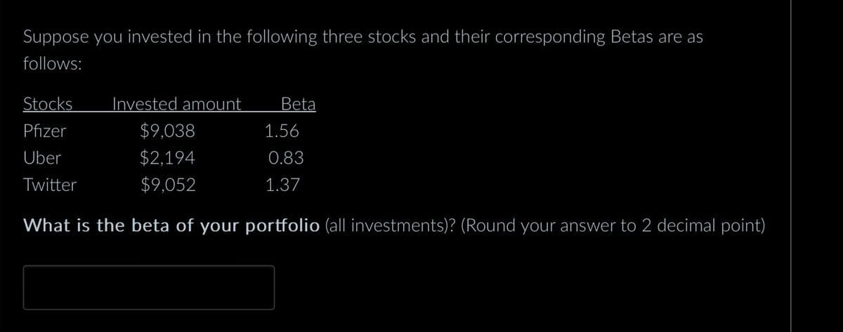 Suppose you invested in the following three stocks and their corresponding Betas are as
follows:
Stocks
Invested amount
Beta
Pfizer
$9,038
1.56
Uber
$2,194
0.83
Twitter
$9.052
1.37
What is the beta of your portfolio (all investments)? (Round your answer to 2 decimal point)