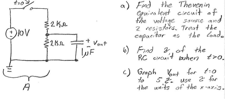 t=0
-)lov
A
2 Kr
2,15.2
+ Vont
Fيرا
a) Find the Thevenin
equivalent circuit of
the voltage source
2 resistors. Treat the
and
and
capacitor as
the loade
b) Find
2 of the
RC circuit buhen tro.
c) Graph Vout for
t=0
to 52. Use
2 for
the units of the x-axis.