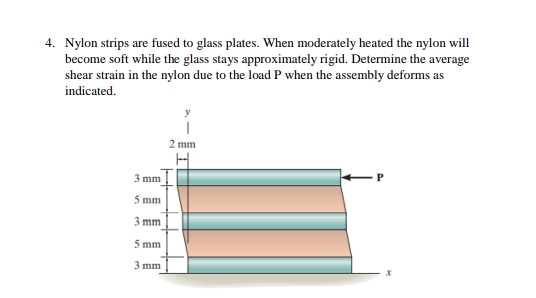4. Nylon strips are fused to glass plates. When moderately heated the nylon will
become soft while the glass stays approximately rigid. Determine the average
shear strain in the nylon due to the load P when the assembly deforms as
indicated.
2 mm
3 mm
5 mm
3 mm
5 mm
3 mm
