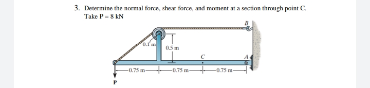 3. Determine the normal force, shear force, and moment at a section through point C.
Take P = 8 kN
0.1 m
0.5 m
As
-0.75 m-
-0.75 m
-0.75 m
