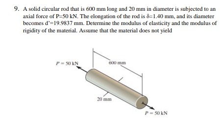 9. A solid circular rod that is 600 mm long and 20 mm in diameter is subjected to an
axial force of P=50 kN. The elongation of the rod is 8=1.40 mm, and its diameter
becomes d'=19.9837 mm. Determine the modulus of elasticity and the modulus of
rigidity of the material. Assume that the material does not yield
P= 50 kN
600 mm
20 mm
P- 50 kN
