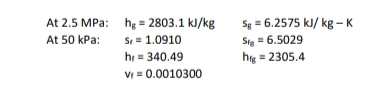 At 2.5 MPa: hg = 2803.1 kl/kg
Sg = 6.2575 kJ/ kg– K
At 50 kPa:
SE = 1.0910
h = 340.49
V = 0.0010300
Sig = 6.5029
htg = 2305.4
