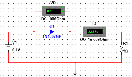 VD
0.1
DC: 10MOhm
ID
D1
2.667u
IN4007GP
DC 1e-0090hm-
V1
R1
0.1V
50:
