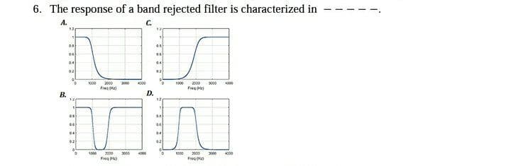 6. The response of a band rejected filter is characterized in
А.
C.
02
2000
1000
200
Frea
1000
000
4000
3000
Frea H
В.
D.
02
02
1000
2000
3000
4000
1000
2000
4000
Fre0
