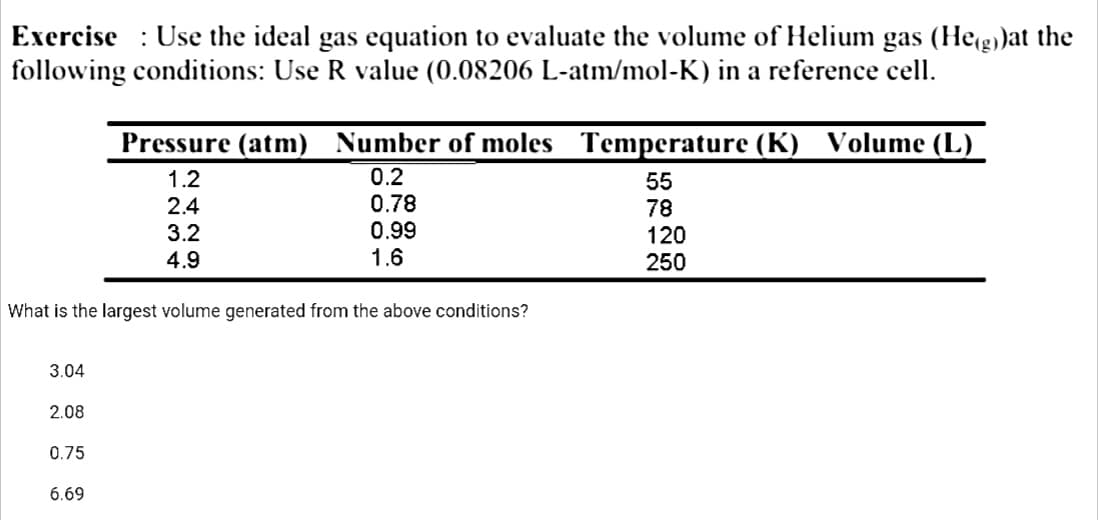 Exercise Use the ideal gas equation to evaluate the volume of Helium gas (He(g))at the
following conditions: Use R value (0.08206 L-atm/mol-K) in a reference cell.
3.04
What is the largest volume generated from the above conditions?
2.08
0.75
Pressure (atm)
1.2
2.4
3.2
4.9
6.69
Number of moles Temperature (K) Volume (L)
0.2
0.78
0.99
1.6
55
78
120
250