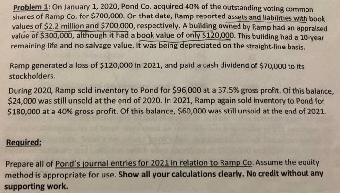 Problem 1: On January 1, 2020, Pond Co. acquired 40% of the outstanding voting common
shares of Ramp Co. for $700,000. On that date, Ramp reported assets and liabilities with book
values of $2.2 million and $700,000, respectively. A building owned by Ramp had an appraised
value of $300,000, although it had a book value of only $120,000. This building had a 10-year
remaining life and no salvage value. It was being depreciated on the straight-line basis.
Ramp generated a loss of $120,000 in 2021, and paid a cash dividend of $70,000 to its
stockholders.
During 2020, Ramp sold inventory to Pond for $96,000 at a 37.5% gross profit. Of this balance,
$24,000 was still unsold at the end of 2020. In 2021, Ramp again sold inventory to Pond for
$180,000 at a 40% gross profit. Of this balance, $60,000 was still unsold at the end of 2021.
Required:
Prepare all of Pond's journal entries for 2021 in relation to Ramp Co. Assume the equity
method is appropriate for use. Show all your calculations clearly. No credit without any
supporting work.
