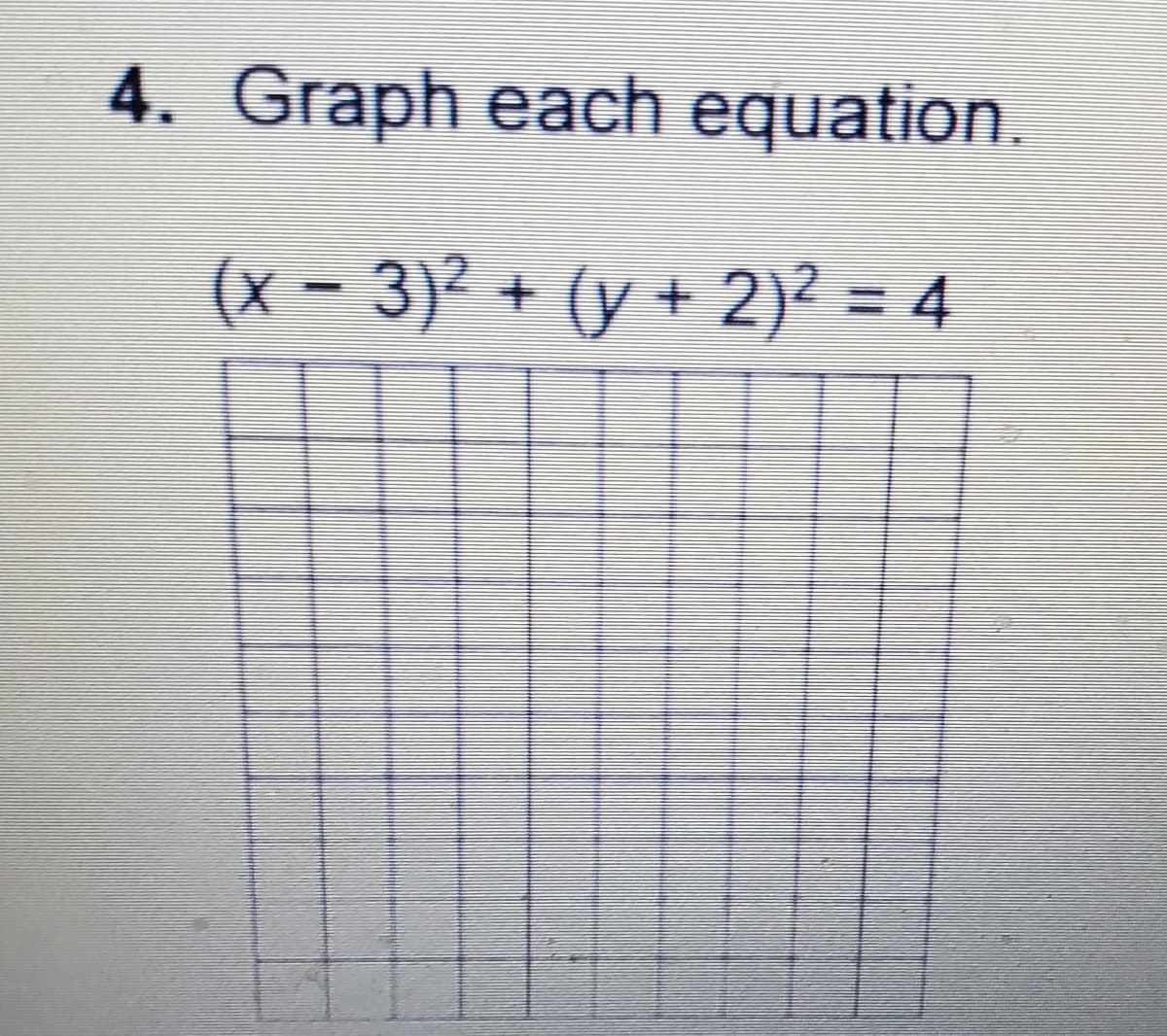 4. Graph each equation.
(x – 3)² + (y + 2)² = 4
