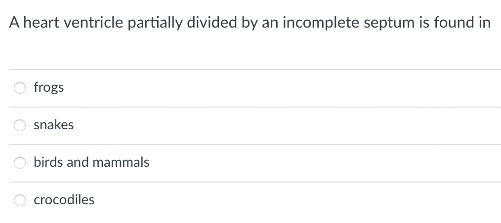 A heart ventricle partially divided by an incomplete septum is found in
frogs
snakes
birds and mammals
crocodiles