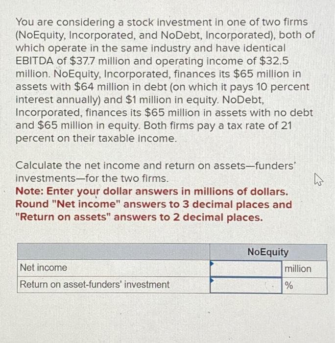 You are considering a stock investment in one of two firms
(NoEquity, Incorporated, and NoDebt, Incorporated), both of
which operate in the same industry and have identical
EBITDA of $37.7 million and operating income of $32.5
million. NoEquity, Incorporated, finances its $65 million in
assets with $64 million in debt (on which it pays 10 percent
interest annually) and $1 million in equity. NoDebt,
Incorporated, finances its $65 million in assets with no debt
and $65 million in equity. Both firms pay a tax rate of 21
percent on their taxable income.
Calculate the net income and return on assets-funders'
investments-for the two firms.
Note: Enter your dollar answers in millions of dollars.
Round "Net income" answers to 3 decimal places and
"Return on assets" answers to 2 decimal places.
Net income
Return on asset-funders' investment
NoEquity
million
%
4