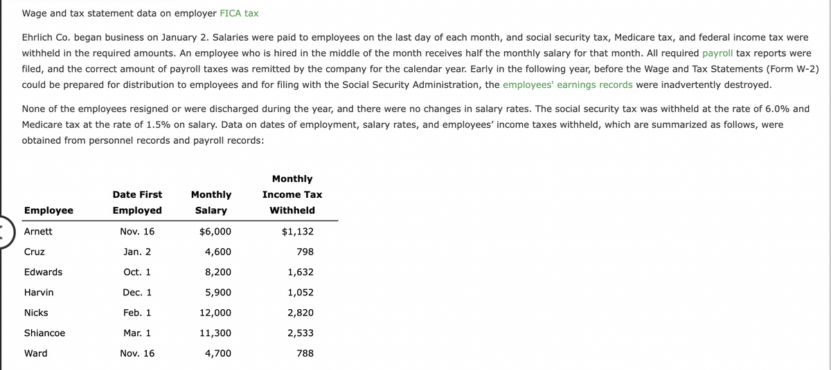 Wage and tax statement data on employer FICA tax
Ehrlich Co. began business on January 2. Salaries were paid to employees on the last day of each month, and social security tax, Medicare tax, and federal income tax were
withheld in the required amounts. An employee who is hired in the middle of the month receives half the monthly salary for that month. All required payroll tax reports were
filed, and the correct amount of payroll taxes was remitted by the company for the calendar year. Early in the following year, before the Wage and Tax Statements (Form W-2)
could be prepared for distribution to employees and for filing with the Social Security Administration, the employees' earnings records were inadvertently destroyed.
None of the employees resigned or were discharged during the year, and there were no changes in salary rates. The social security tax was withheld at the rate of 6.0% and
Medicare tax at the rate of 1.5% on salary. Data on dates of employment, salary rates, and employees' income taxes withheld, which are summarized as follows, were
obtained from personnel records and payroll records:
Employee
Arnett
Cruz
Edwards
Harvin
Nicks
Shiancoe
Ward
Date First
Employed
Nov. 16
Jan. 2
Oct. 1
Dec. 1
Feb. 1
Mar. 1
Nov. 16
Monthly
Salary
$6,000
4,600
8,200
5,900
12,000
11,300
4,700
Monthly
Income Tax
Withheld
$1,132
798
1,632
1,052
2,820
2,533
788