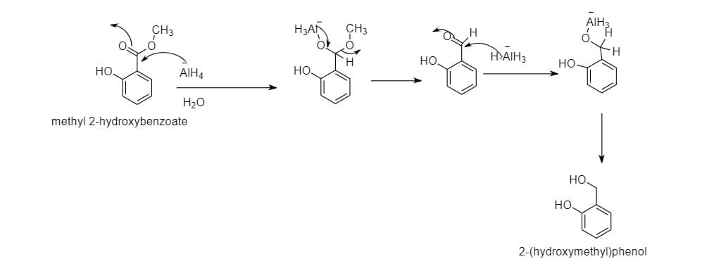 AIH:
CH3
H3AN
CH3
H
H-AIH3
H.
Но.
но.
но,
AIH4
HO
H20
methyl 2-hydroxybenzoate
но.
Но,
2-(hydroxymethyl)phenol
