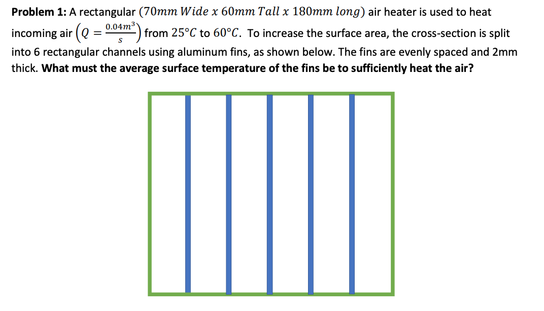 Problem 1: A rectangular (70mm Wide x 60mm Tall x 180mm long) air heater is used to heat
0.04m3
incoming air (Q
from 25°C to 60°C. To increase the surface area, the cross-section is split
into 6 rectangular channels using aluminum fins, as shown below. The fins are evenly spaced and 2mm
thick. What must the average surface temperature of the fins be to sufficiently heat the air?
