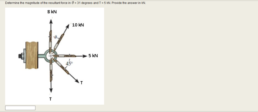 Determine the magnitude of the resultant force in 0 = 31 degrees and T = 5 kN. Provide the answer in kN.
8 kN
10 kN
5 kN

