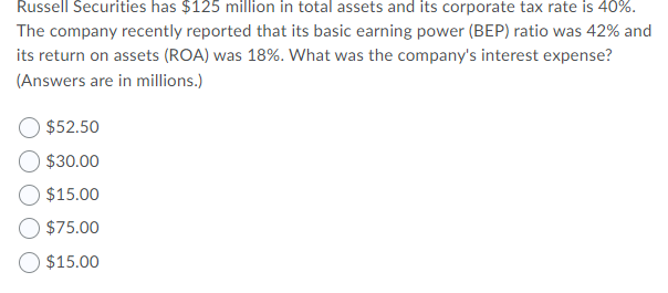 Russell Securities has $125 million in total assets and its corporate tax rate is 40%.
The company recently reported that its basic earning power (BEP) ratio was 42% and
its return on assets (ROA) was 18%. What was the company's interest expense?
(Answers are in millions.)
$52.50
$30.00
$15.00
$75.00
$15.00
