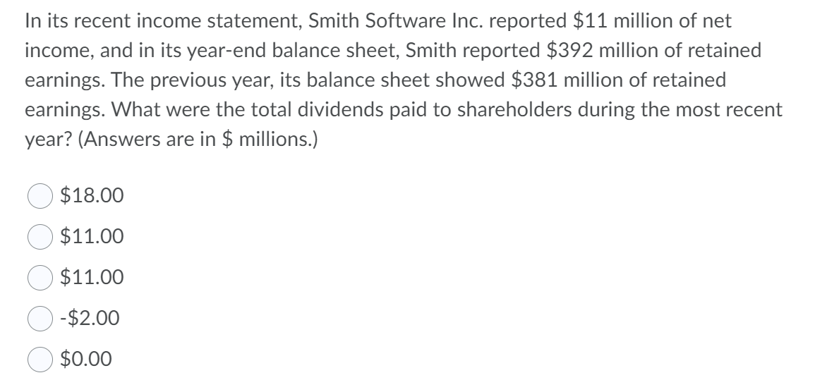 In its recent income statement, Smith Software Inc. reported $11 million of net
income, and in its year-end balance sheet, Smith reported $392 million of retained
earnings. The previous year, its balance sheet showed $381 million of retained
earnings. What were the total dividends paid to shareholders during the most recent
year? (Answers are in $ millions.)
$18.00
$11.00
$11.00
-$2.00
$0.00
