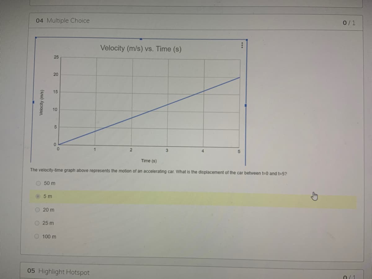 04 Multiple Choice
Velocity (m/s)
25
5m
20
15
10
5
50 m
25 m
20 m
0
Time (s)
The velocity-time graph above represents the motion of an accelerating car. What is the displacement of the car between t=0 and t=5?
100 m
Velocity (m/s) vs. Time (s)
05 Highlight Hotspot
2
3
5
0/1
0/1