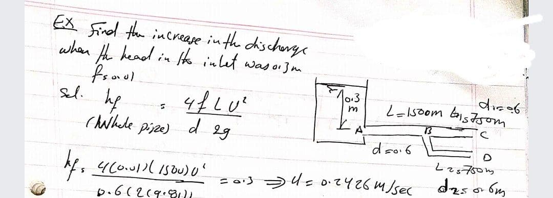 EX Finel thm increase in the chischerge
He head in k inlet was oi3m
when
dizef
Lalsoom bistoom
M013
Sel.
13
A
chihele pize) d 2g
dso.6
Les7som
Ue 0.2426m/sec
ng o szp
