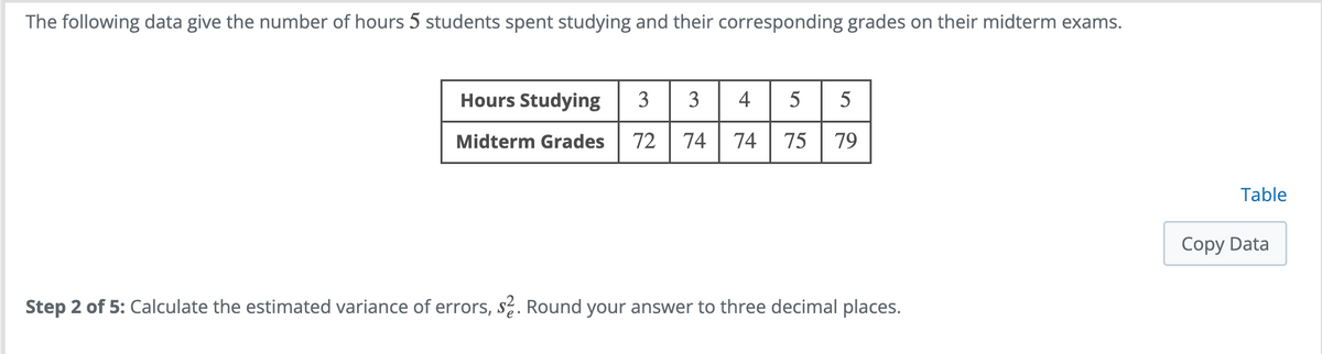 The following data give the number of hours 5 students spent studying and their corresponding grades on their midterm exams.
Hours Studying
3345
5
Midterm Grades 72 74 74 75 79
Table
Copy Data
Step 2 of 5: Calculate the estimated variance of errors, $2. Round your answer to three decimal places.