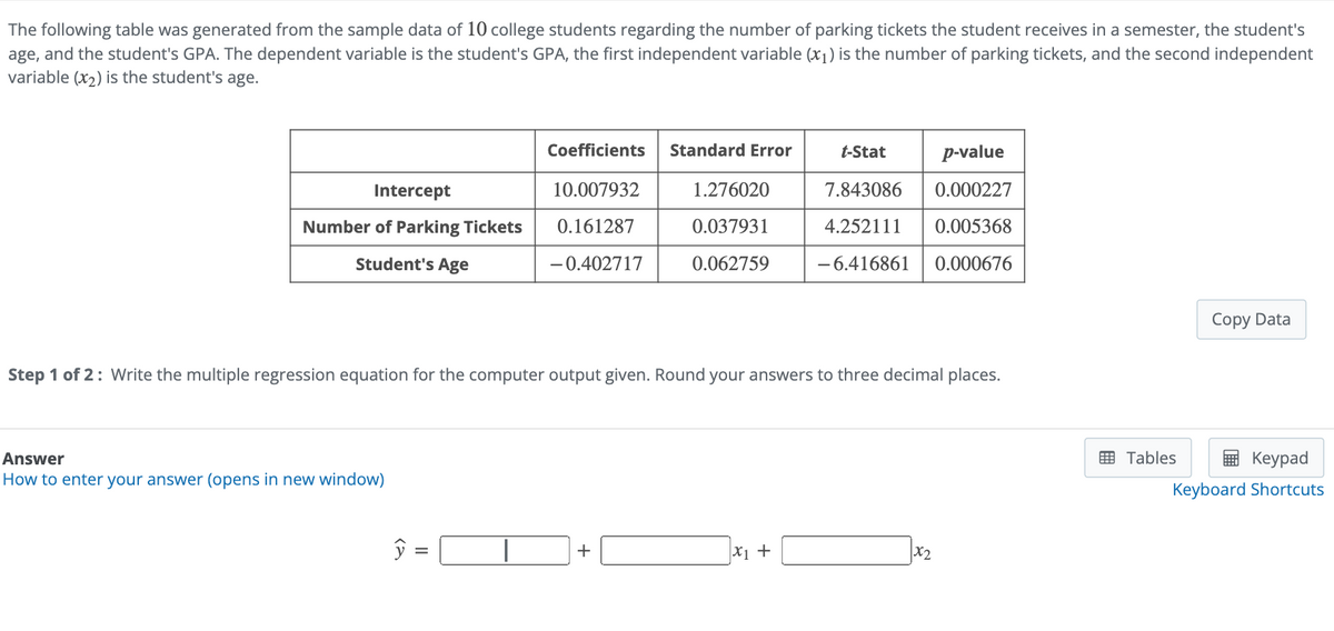 The following table was generated from the sample data of 10 college students regarding the number of parking tickets the student receives in a semester, the student's
age, and the student's GPA. The dependent variable is the student's GPA, the first independent variable (x1) is the number of parking tickets, and the second independent
variable (x2) is the student's age.
Coefficients
Standard Error
t-Stat
p-value
Intercept
Number of Parking Tickets
Student's Age
10.007932
1.276020
7.843086 0.000227
0.161287
-0.402717
0.037931
0.062759
4.252111 0.005368
-6.416861 0.000676
Step 1 of 2: Write the multiple regression equation for the computer output given. Round your answers to three decimal places.
Answer
How to enter your answer (opens in new window)
+
x1 +
x2
Copy Data
Tables
Keypad
Keyboard Shortcuts