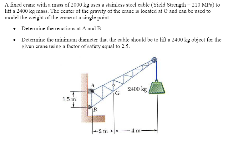 A fixed crane with a mass of 2000 kg uses a stainless steel cable (Yield Strength =210 MPa) to
lift a 2400 kg mass. The center of the gravity of the crane is located at G and ean be used to
model the weight of the crane at a single point.
• Determine the reactions at A and B
• Determine the minimum diameter that the cable should be to lift a 2400 kg object for the
given erane using a factor of safety equal to 2.5.
2400 kg
1.5 m
B
+2 m-
4 m-
