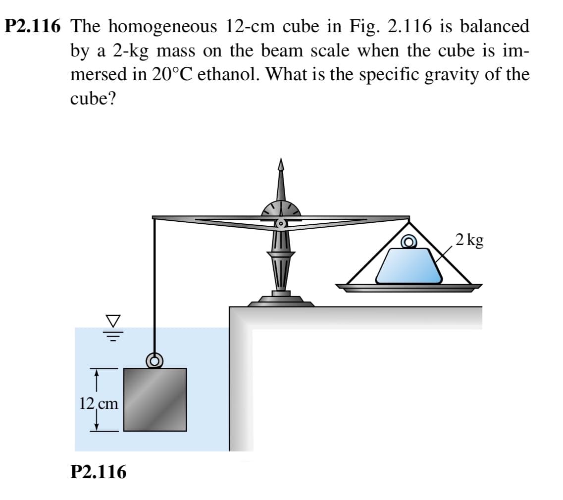 P2.116 The homogeneous 12-cm cube in Fig. 2.116 is balanced
by a 2-kg mass on the beam scale when the cube is im-
mersed in 20°C ethanol. What is the specific gravity of the
cube?
2 kg
12.cm
P2.116
