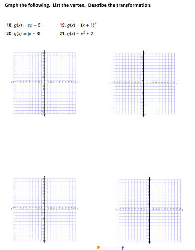 Graph the following. List the vertex. Describe the transformation.
18. g(x)=xl-5
20. g(x) = |x-31
19. g(x)=(x + 1)²
21. g(x)=x²+2