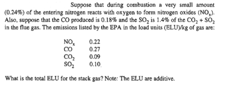 Suppose that during combustion a very small amount
(0.24%) of the entering nitrogen reacts with oxygen to form nitrogen oxides (NO,).
Also, suppose that the CO produced is 0.18% and the SO, is 1.4% of the CO, + SÖ,
in the flue gas. The emissions listed by the EPA in the load units (ELU)/kg of gas are:
NO,
CO
CO2
SO2
0.22
0.27
0.09
0.10.
What is the total ELU for the stack gas? Note: The ELU are additive.

