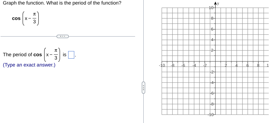 Graph the function. What is the period of the function?
COS (x-7)
3
CO= (x-7) 5 11-
is.
The period of cos x--
(Type an exact answer.)
(…..))
-10
-6
-2
10-
ob
8-
6-
4-
2-
--2-
--4-
-6-
o
8