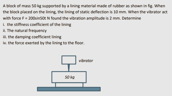 A block of mass 50 kg supported by a lining material made of rubber as shown in fig. When
the block placed on the lining, the lining of static deflection is 10 mm. When the vibrator act
with force F = 200sin50t N found the vibration amplitude is 2 mm. Determine
i. the stiffness coefficient of the lining
ii. The natural frequency
i. the damping coefficient lining
iv. the force exerted by the lining to the floor.
vibrator
50 kg
