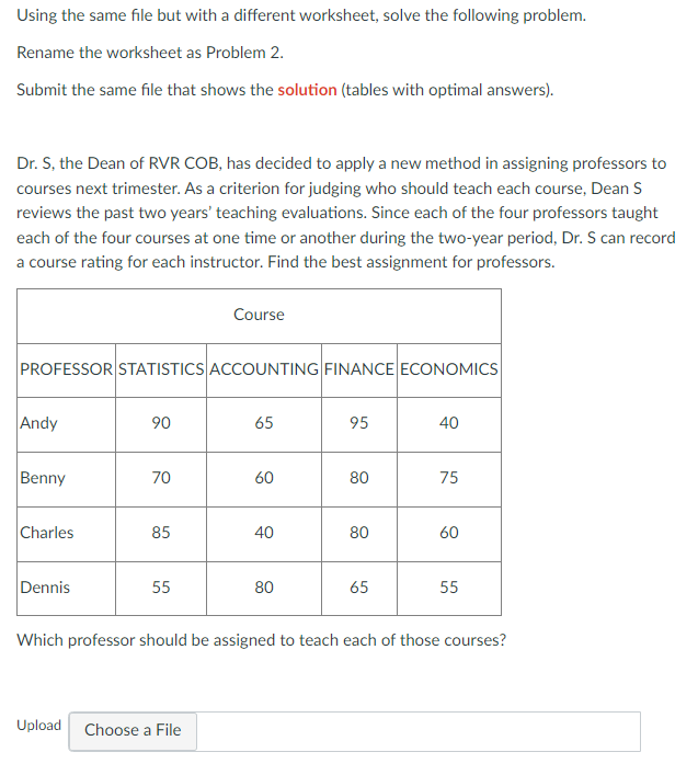 Using the same file but with a different worksheet, solve the following problem.
Rename the worksheet as Problem 2.
Submit the same file that shows the solution (tables with optimal answers).
Dr. S, the Dean of RVR COB, has decided to apply a new method in assigning professors to
courses next trimester. As a criterion for judging who should teach each course, Dean S
reviews the past two years' teaching evaluations. Since each of the four professors taught
each of the four courses at one time or another during the two-year period, Dr. S can record
a course rating for each instructor. Find the best assignment for professors.
PROFESSOR STATISTICS ACCOUNTING FINANCE ECONOMICS
Andy
Benny
Charles
Dennis
90
70
85
55
Course
Upload Choose a File
65
60
40
80
95
80
80
65
40
75
60
55
Which professor should be assigned to teach each of those courses?