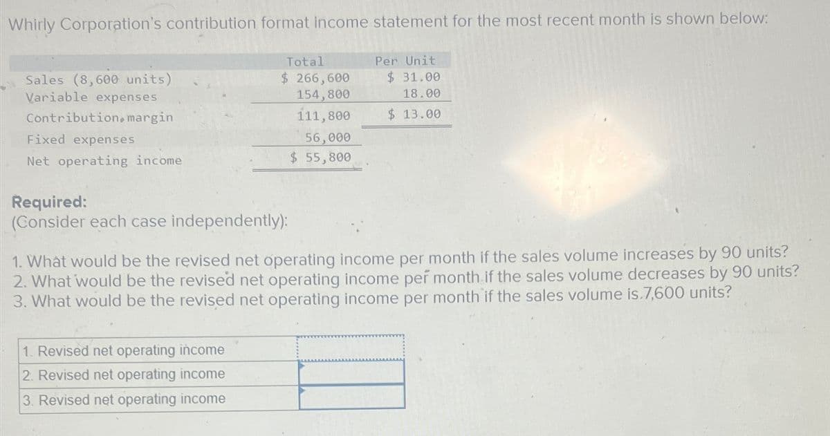 Whirly Corporation's contribution format income statement for the most recent month is shown below:
Per Unit
$31.00
18.00
$ 13.00
Sales (8,600 units)
Variable expenses
Contribution, margin
Fixed expenses
Net operating income
Total
$ 266,600
154,800
111,800
Required:
(Consider each case independently):
1. Revised net operating income
2. Revised net operating income
3. Revised net operating income
56,000
$ 55,800
1. What would be the revised net operating income per month if the sales volume increases by 90 units?
2. What would be the revised net operating income per month if the sales volume decreases by 90 units?
3. What would be the revised net operating income per month if the sales volume is.7,600 units?