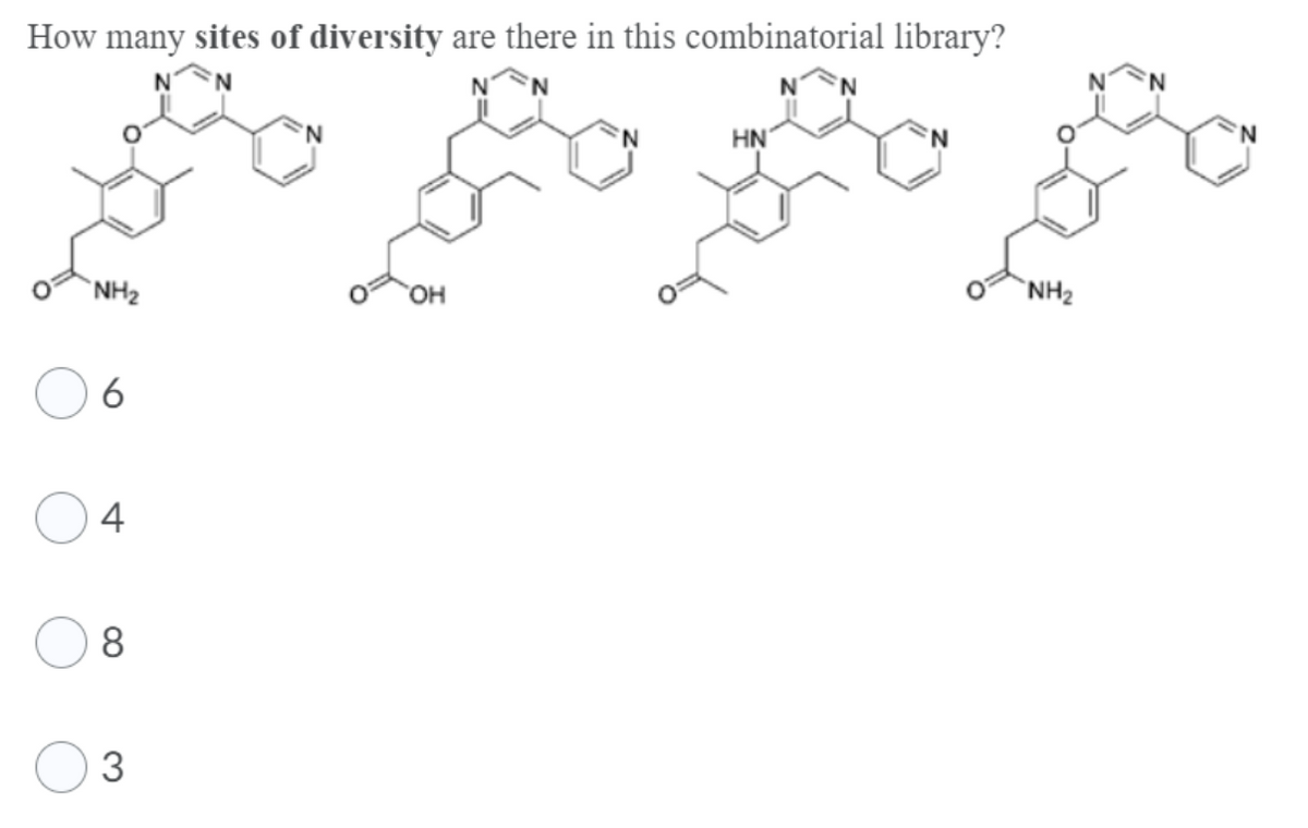 How many sites of diversity are there in this combinatorial library?
NH 2
6
4
3
HN
NH2