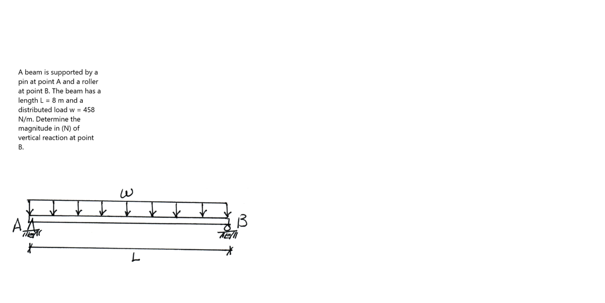 A beam is supported by a
pin at point A and a roller
at point B. The beam has a
length L = 8 m and a
distributed load w = 458
N/m. Determine the
magnitude in (N) of
vertical reaction at point
B.
THEM
L
Telll
*