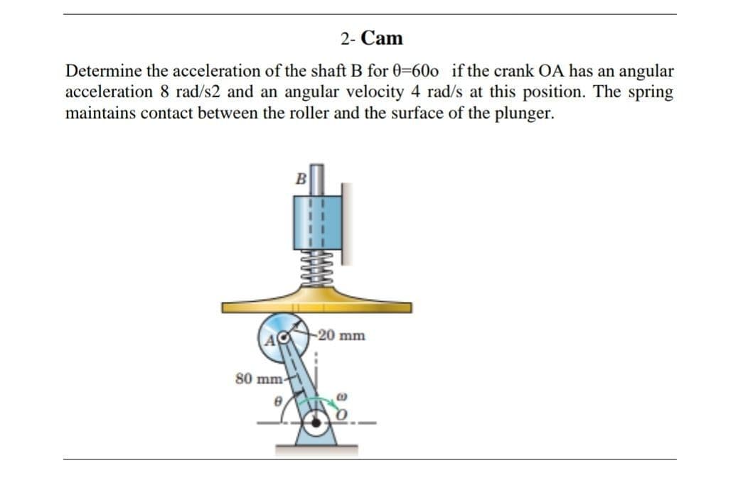2- Cam
Determine the acceleration of the shaft B for 0=60o if the crank OA has an angular
acceleration 8 rad/s2 and an angular velocity 4 rad/s at this position. The spring
maintains contact between the roller and the surface of the plunger.
B
A
80 mm
-20 mm
C
