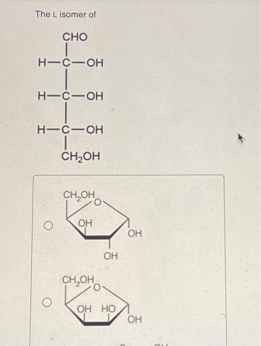 The L isomer of
CHO
HIC-OH
HIC-OH
H-c-он
CH₂OH
CH₂OH
OH
CH₂OH
О
OH
OH HO
ОН
OH