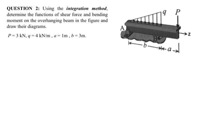 QUESTION 2: Using the integration method,
determine the functions of shear force and bending
moment on the overhanging beam in the figure and
draw their diagrams.
P = 3 kN, q = 4 kN/m, a = lm, b = 3m.
A
9
·b-a-
Z