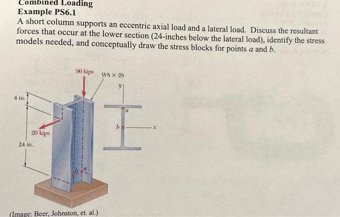 Combined Loading
Example PS6.1
A short column supports an eccentric axial load and a lateral load. Discuss the resultant
forces that occur at the lower section (24-inches below the lateral load), identify the stress
models needed, and conceptually draw the stress blocks for points a and b.
4 in.
20 kips
24 in.
90 kips WS X 28
Y
(Image: Beer, Johnston, et. al.)