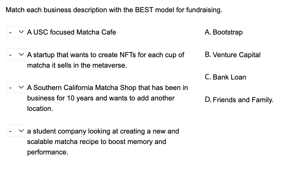 Match each business description with the BEST model for fundraising.
V A USC focused Matcha Cafe
A. Bootstrap
V A startup that wants to create NFTS for each cup of
B. Venture Capital
matcha it sells in the metaverse.
C. Bank Loan
V A Southern California Matcha Shop that has been in
business for 10 years and wants to add another
D. Friends and Family.
location.
a student company looking at creating a new and
scalable matcha recipe to boost memory and
performance.

