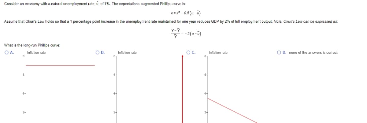 Consider an economy with a natural unemployment rate, u, of 7%. The expectations-augmented Phillips curve is:
1= - 0.5(u -ū)
Assume that Okun's Law holds so that a 1 percentage point increase in the unemployment rate maintained for one year reduces GDP by 2% of full employment output. Note: Okun's Law can be expressed as:
*--2(u-ü)
What is the long-run Phillips curve:
OA.
Inflation rate
8-
OB.
OC.
O D. none of the answers is correct
Inflation rate
Inflation rate
6-
6-
6-
